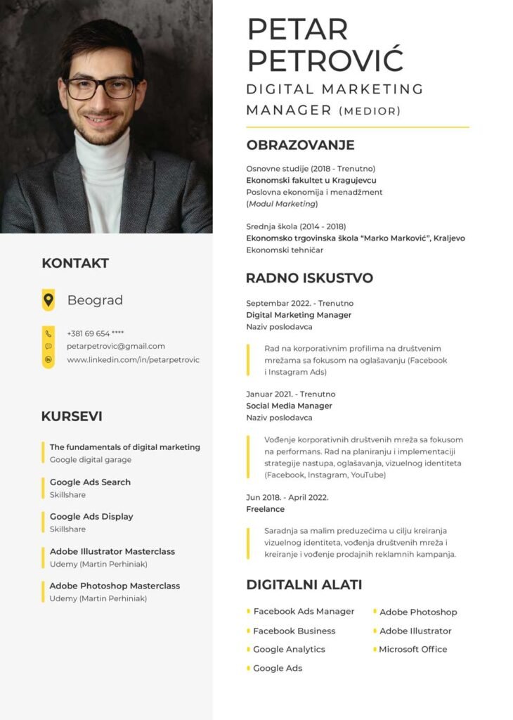 Primer dobrog CV-a za oblast marketing