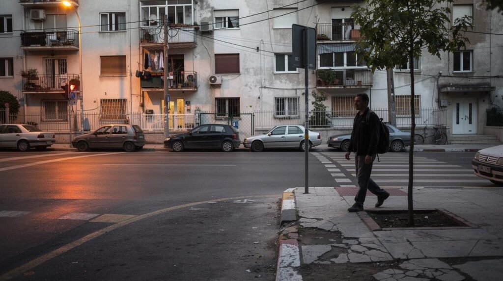 Muškarac sa rancom prelazi pešački prelaz pored trošne zgrade u sumrak