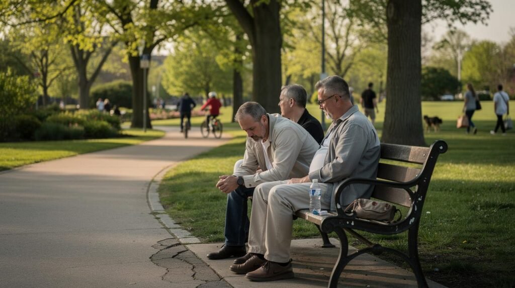 Tri muškarca sede na klupi u parku dok prolaze biciklisti i šetači