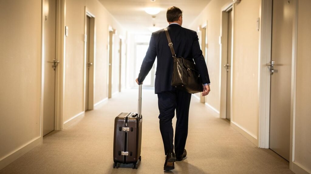 Muškarac u odelu vuče kofer kroz hodnik hotela