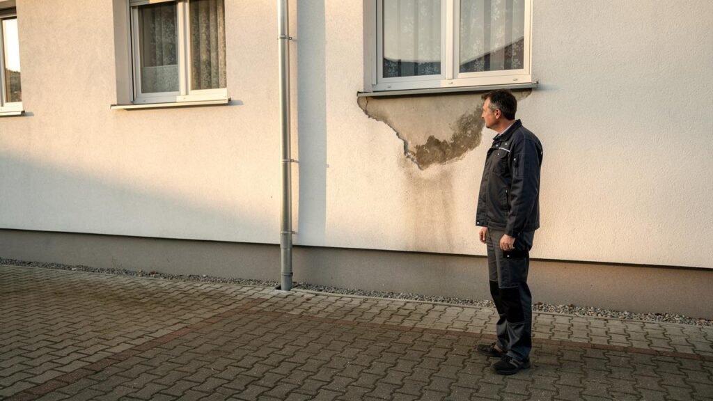 Muškarac u radnoj odeći stoji i gleda oštećenu fasadu ispod prozora