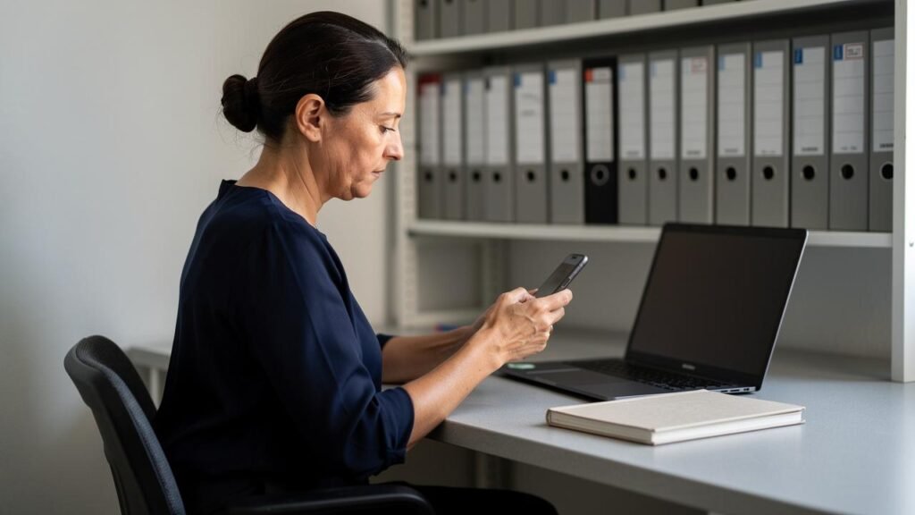 Šta digitalizacija znači za male i srednje biznise? Žena sedi za radnim stolom i drži mobilni telefon pored isključenog laptopa
