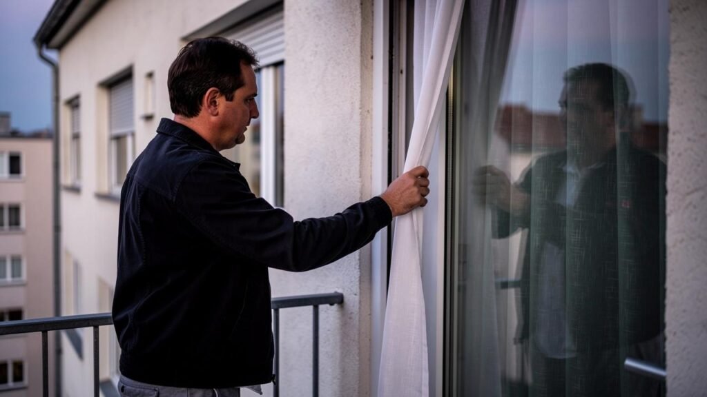 Muškarac na balkonu povlači zavesu pored staklenih vrata