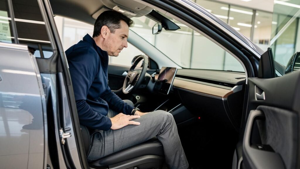 Šta treba proveriti pre nego što prvi put kupite električni automobil? Muškarac sedi na vozačkom sedištu i gleda unutrašnjost automobila