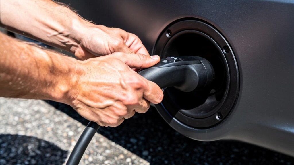 Punjenje električnog vozila na putu: šta vozači treba da znaju Ruke umeću priključak punjača u ulaz za punjenje na električnom automobilu