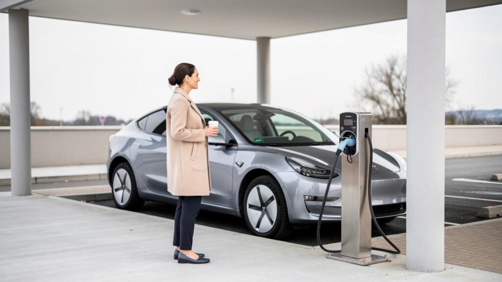 Žena drži papirnu čašu i stoji pored električnog automobila na stanici za punjenje